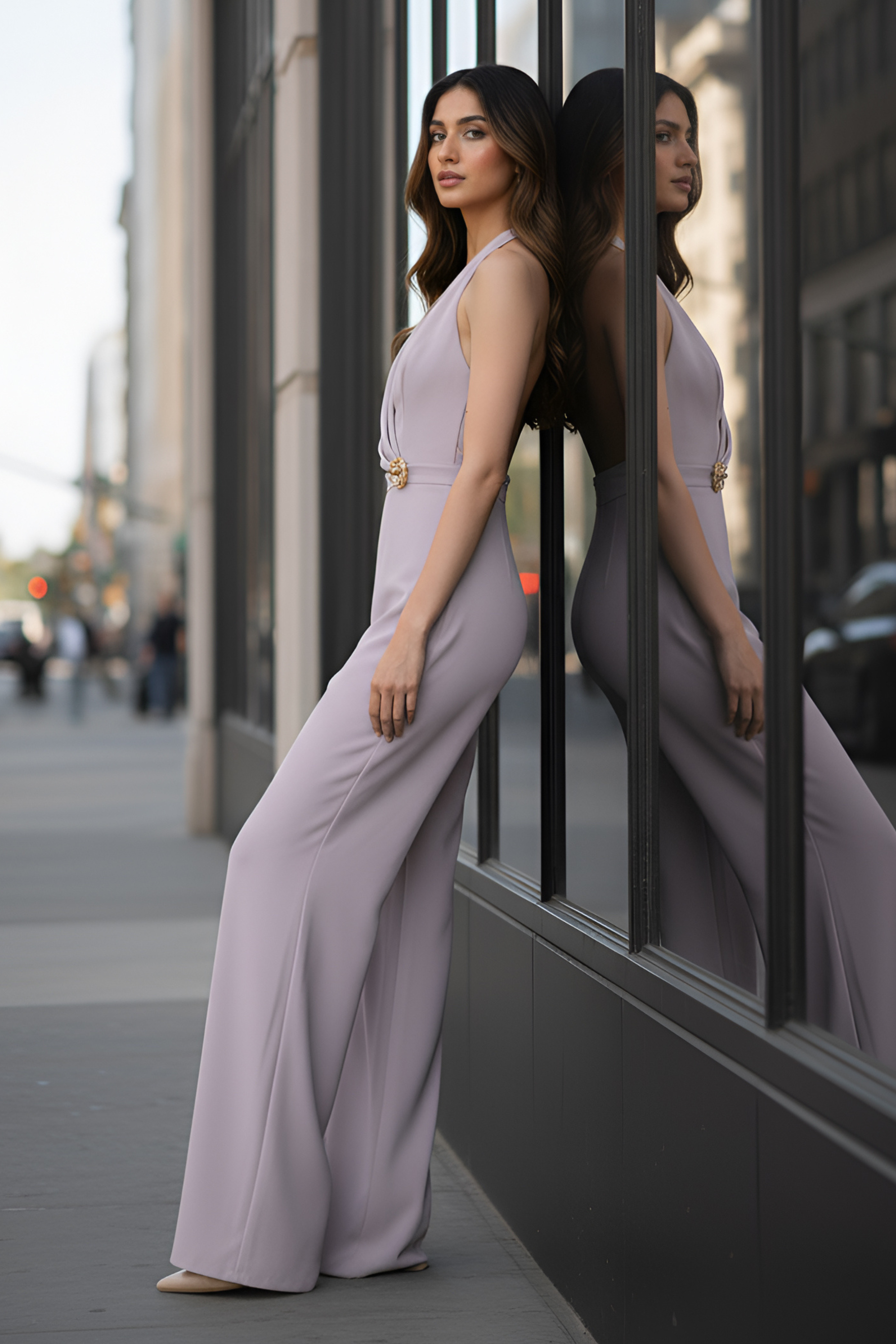 Salmon Pink Halter Jumpsuit – Gold Brooch